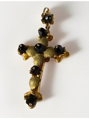 Victorian 12k Yellow Gold Black Crystal Gothic Cross Floral Pendant Dangle 8.7g